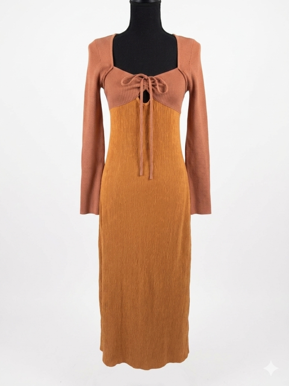 Crescent Two-Tone Rust & Mustard Tie-Front Long Sleeve Midi Dress